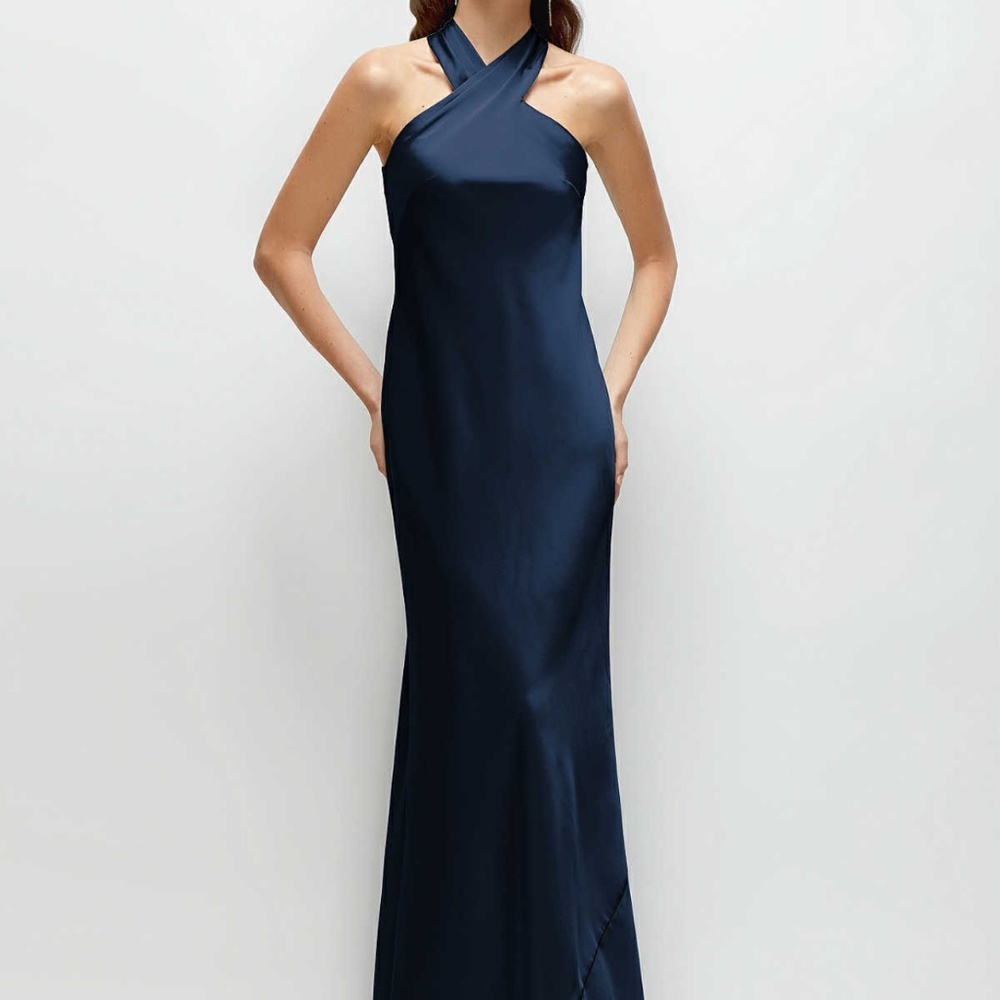 PLEATED HALTER BIAS SATIN MAXI DRESS WITH SELF-TIE BOW BACK IN MIDNIGHT NAVY